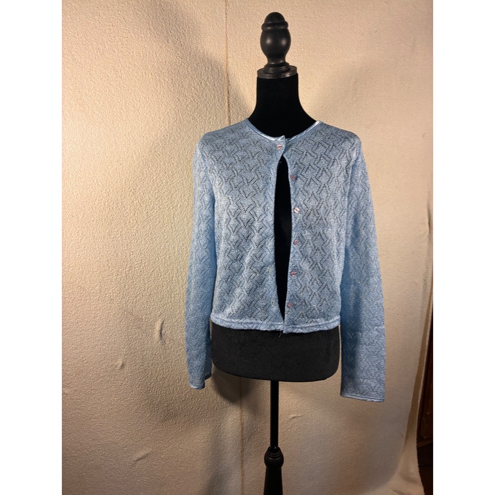 Star C.C.C. Cardigan Sweater Womens M Blue Excellent Pointelle Shimmer Knit Crop